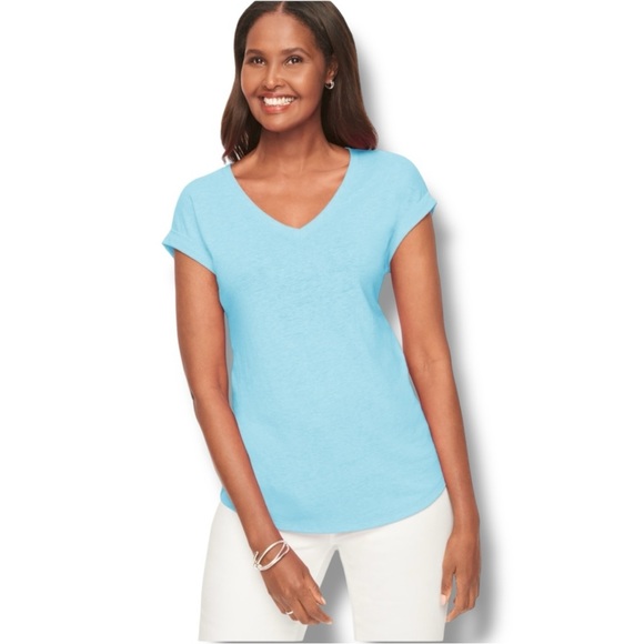 TALBOTS DROP SHOULDER V-NECK TEE - Plus 1X Seaside Blue - Picture 1 of 12